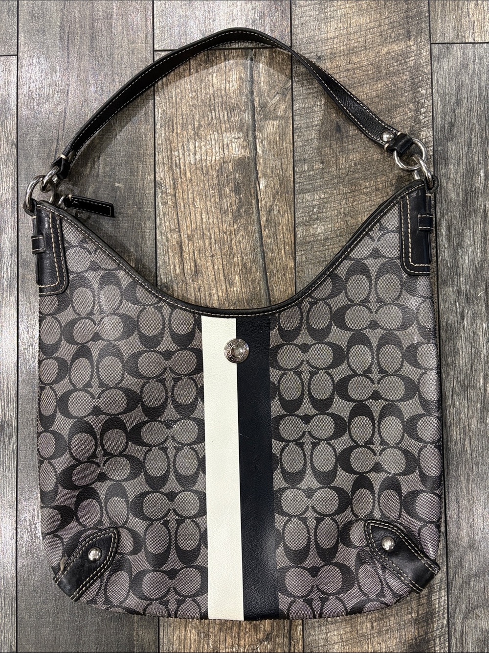 Coach Gray Shoulder Bag with Black and White Stripe